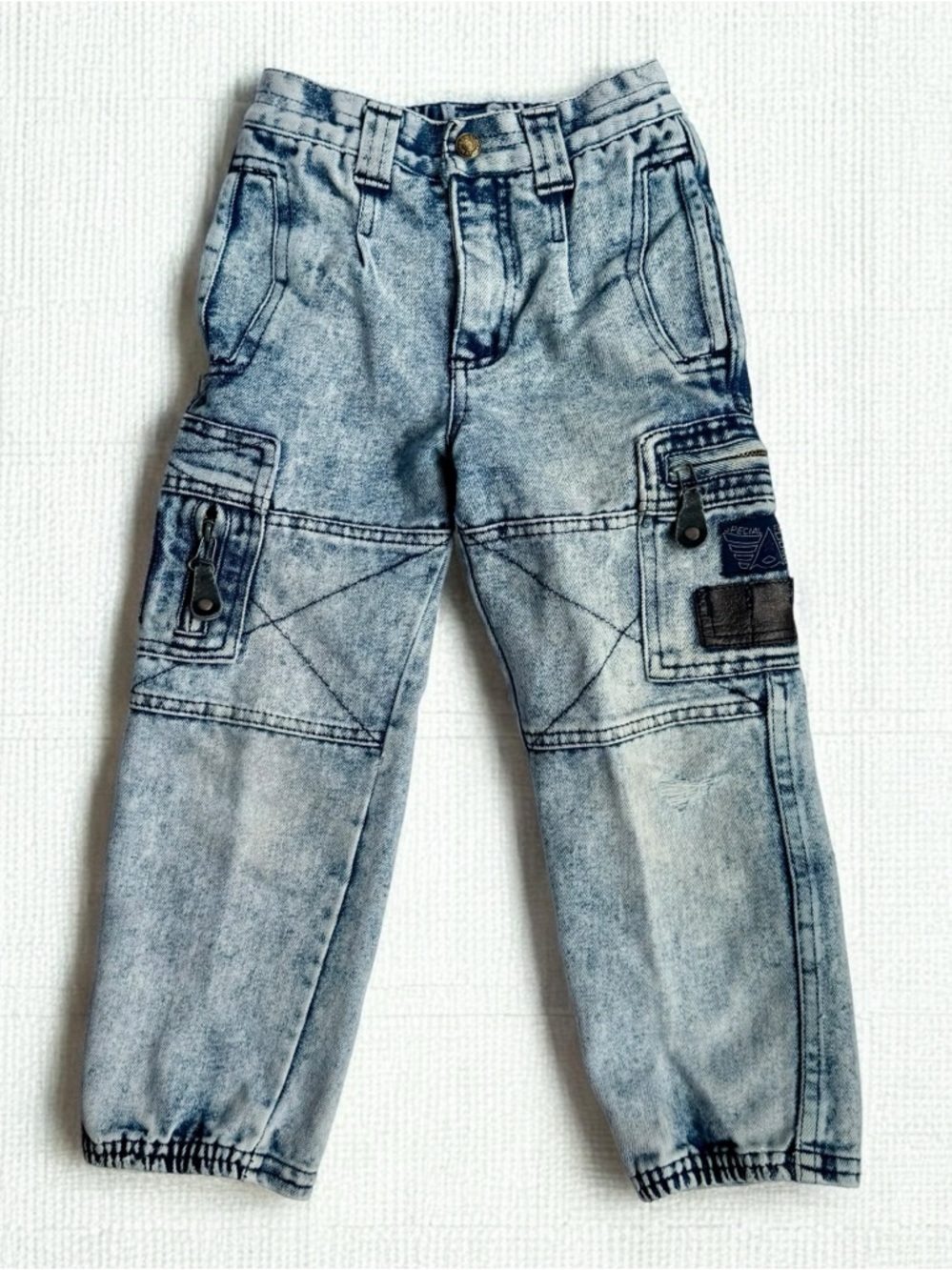 Vintage 80s Cargo Jeans Boys Sz 4 (Tag 5) Acid Wash Denim Utility Elastic Waist